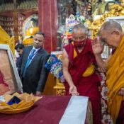 His Holiness the Dalai Lam bowing reverently before an image of his teacher, Ling Rinpoché, during his visit to the Temple at the Tibetan Monastery in Bodhgaya, Bihar, India on December 16, 2023. Photo Tenzin Choejor