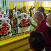 Snow Lion dancers welcoming His Holiness the Dalai Lama on his arrival at amman Bhawan, the Chief Minister of Sikkim’s residence, in Gangtok, Sikkim, India on December 13, 2023. Photo by Tenzin Choejor