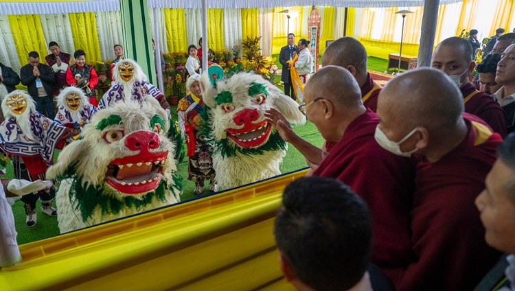 Snow Lion dancers welcoming His Holiness the Dalai Lama on his arrival at amman Bhawan, the Chief Minister of Sikkim’s residence, in Gangtok, Sikkim, India on December 13, 2023. Photo by Tenzin Choejor